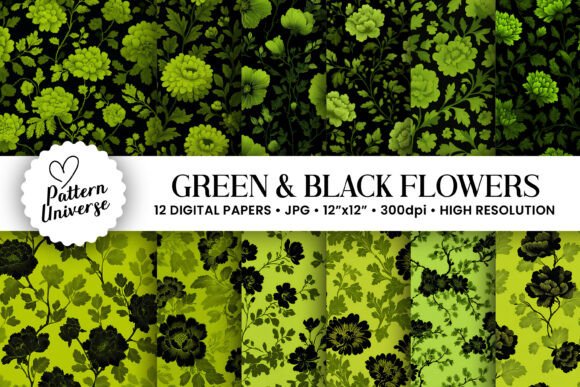Black and Green Flowers Digital Paper for Creative Projects