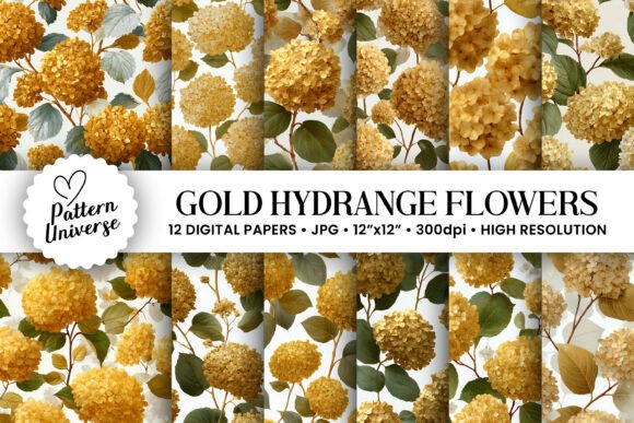Gold Hydrangea Flowers Digital Paper for Creative Projects