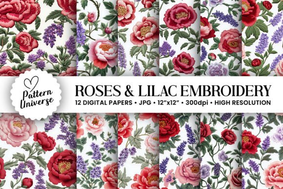 Lilac and Roses Embroidery Digital Paper for Creative Projects