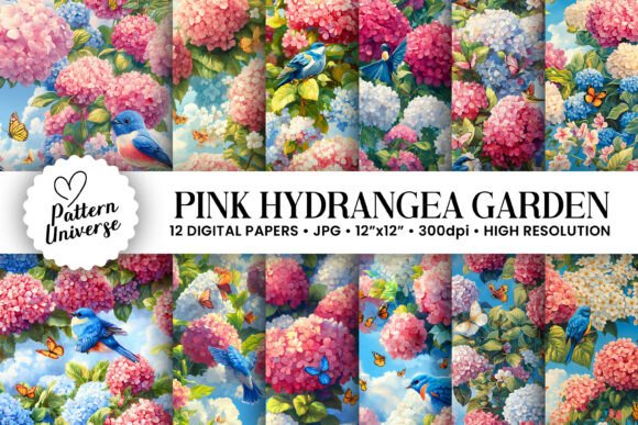 Pink Hydrangea and Birds Floral Garden: A Versatile Digital Design Collection