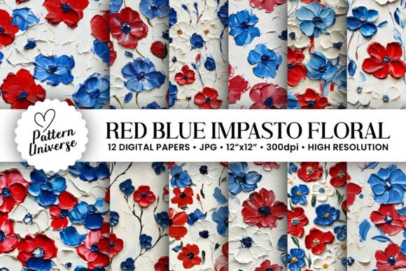 Red Blue Impasto Painted Flowers Pattern